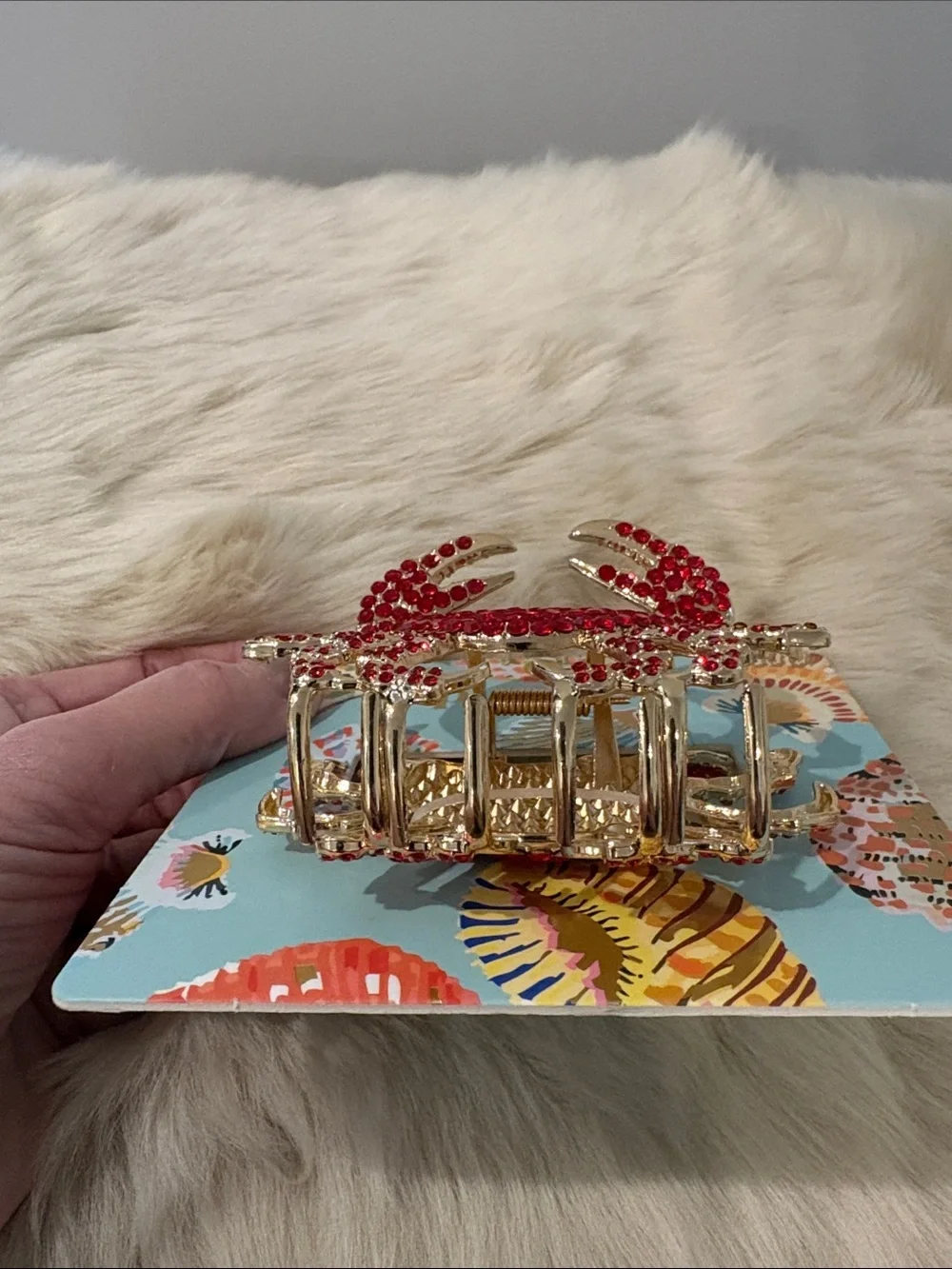 Piper K Crab Metal Hair Clip - Red Rhinestones and Gold Tone